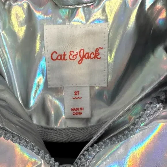 Cat & Jack Girls/Unisex Kids Rainbow Metallic Rain Jacket  Sz 2T | Hood Pockets - Picture 3 of 6